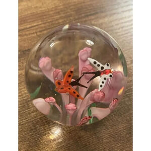 Handcrafted Art Glass Paperweight – Butterfly Over Flowers Design, 2.5” Round